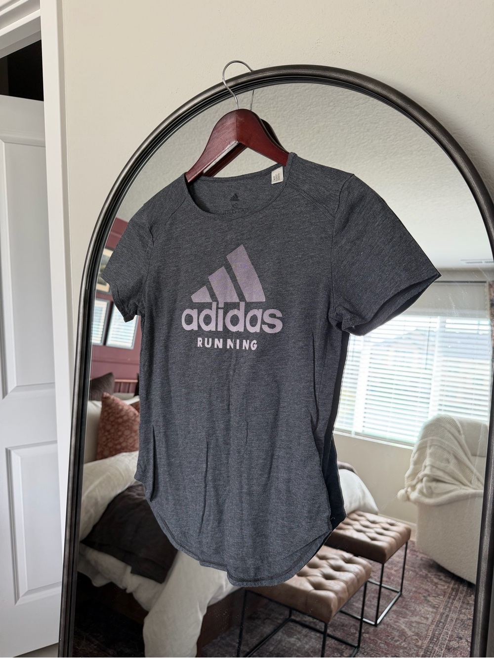 adidas Dark Gray Short Sleeve Running Tee with Pink Logo